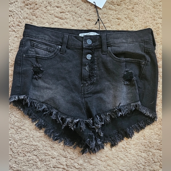 CELEBRITY PINK Exposed Button Mid Rise Jean Shorts In Washed Black. Size 28 NWT - Picture 11 of 12